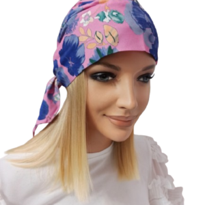 Turban z chusty po chemii Corcus T-393 odcienie różu, fioletu bieli- kolekcja Turban Flower
