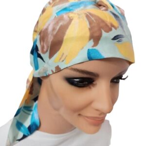 Turban , chusta po chemii Corcus K-398 odcienie niebieskiego , żółtego , mięty   kolekcja Turban Flower