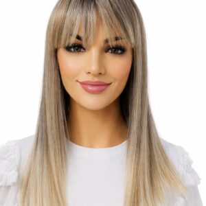 Peruka EMMA długa z grzywką  MEGA PROSTA 47cm -mix popieli z nutą beżu i efektem odrostu