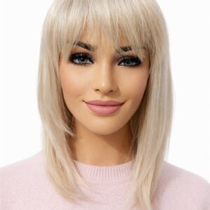 Peruka long  bob z grzywką Brigitte  w kolorze platynowego blondu z  jasnym odrostem-35cm